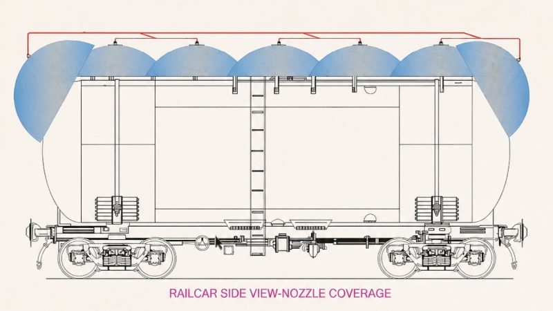 Fire water deluge system – railcar side view showing nozzle spray coverage