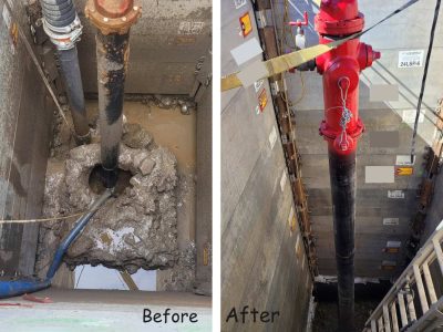 Before and after of a Rotaflow fire hydrant replacement